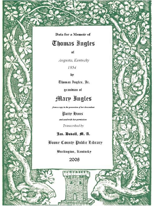 Cover image for Data for a Memoir of Thomas Ingles of Augusta, Kentucky, 1854